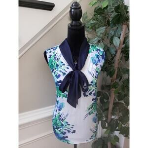 New York & Company Blouse Top Women's M White Green Printed Sleeveless Bow Tie